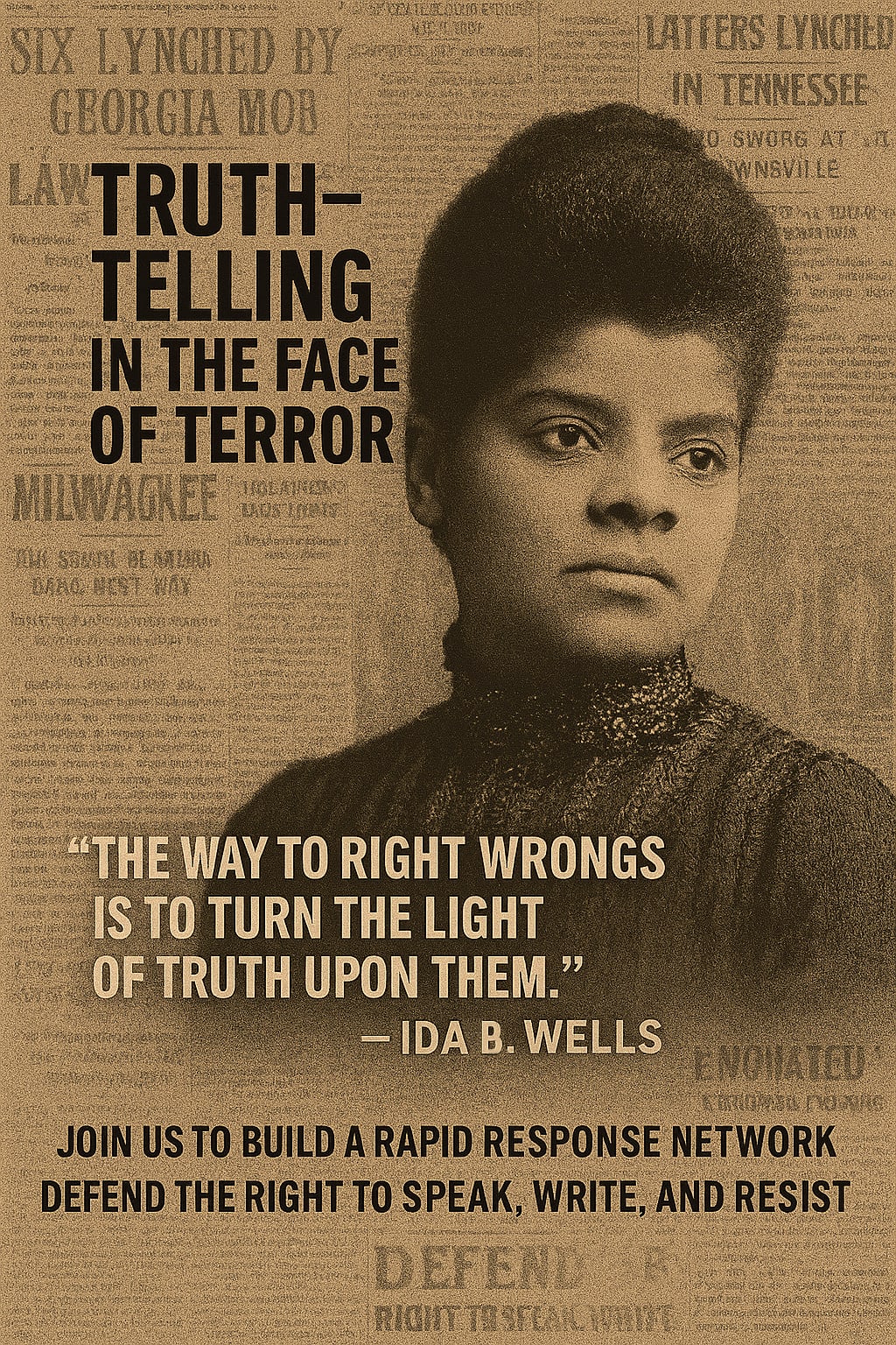 A photo of Ida over old newspaper clipping from here time. The words are superimposed: Truth telling in the Face of Terror. "The way to right wrongs is to turn the light of truth upon them." -Ida B. Wells. Join us to build a rapid response network. Defend the right to speak, write, and resist.
