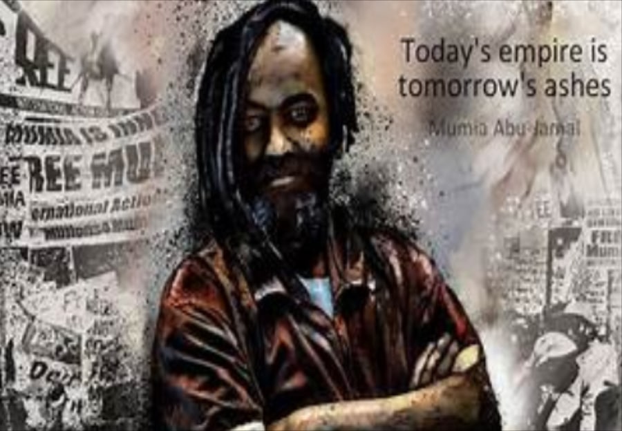 Illustration of Mumia Abu-Jamal with a collage of protest signs and art with his quote, "Today's empire is tomorrow's ashes."